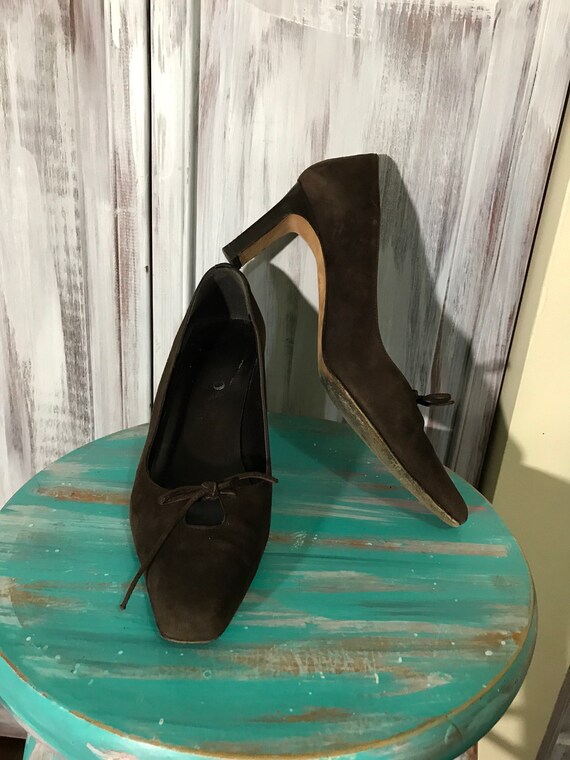 Women's shoe - vintage brown suede pumps - square… - image 4