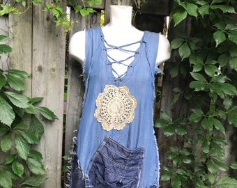 Dress - tunic - up cycled clothing - patchwork - boho - gypsie - different blue jeans dress - unique pieces - size small medium