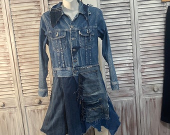 Jeans jacket Upcycled clothing woman unique redingote in recovered jeans - size M