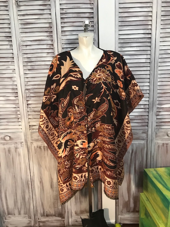 poncho vintage des années 70s tapisserie en brun … - image 1