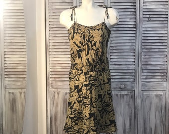 Vintage dress - print dress with beige and black silk flower - size M - made in India