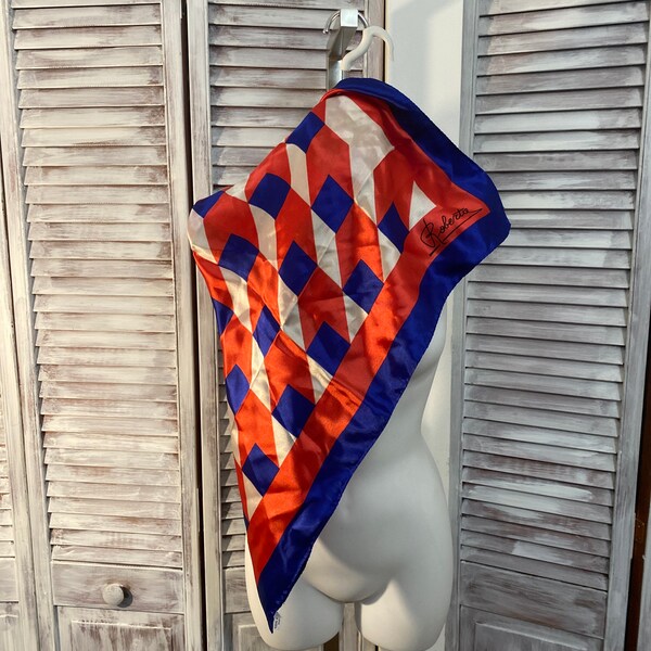 large Italian vintage scarf in navy, white and bright red plaid 26 inches x 26 inches