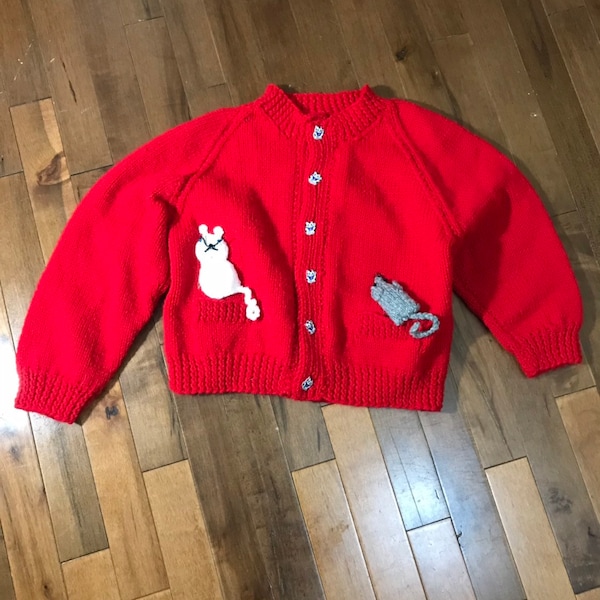 veste enfants - vintage kids vest - veste tricoter a la main  avec petit souri de couleur rouge - acrylique - 3 ans