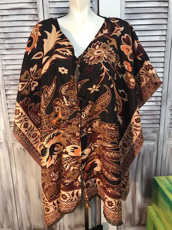 poncho vintage des années 70s tapisserie en brun … - image 2