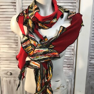 upcycled clothing - scarf dyed red, black and multicolored scarf 66 inches long x 7 inches wide body parrure -