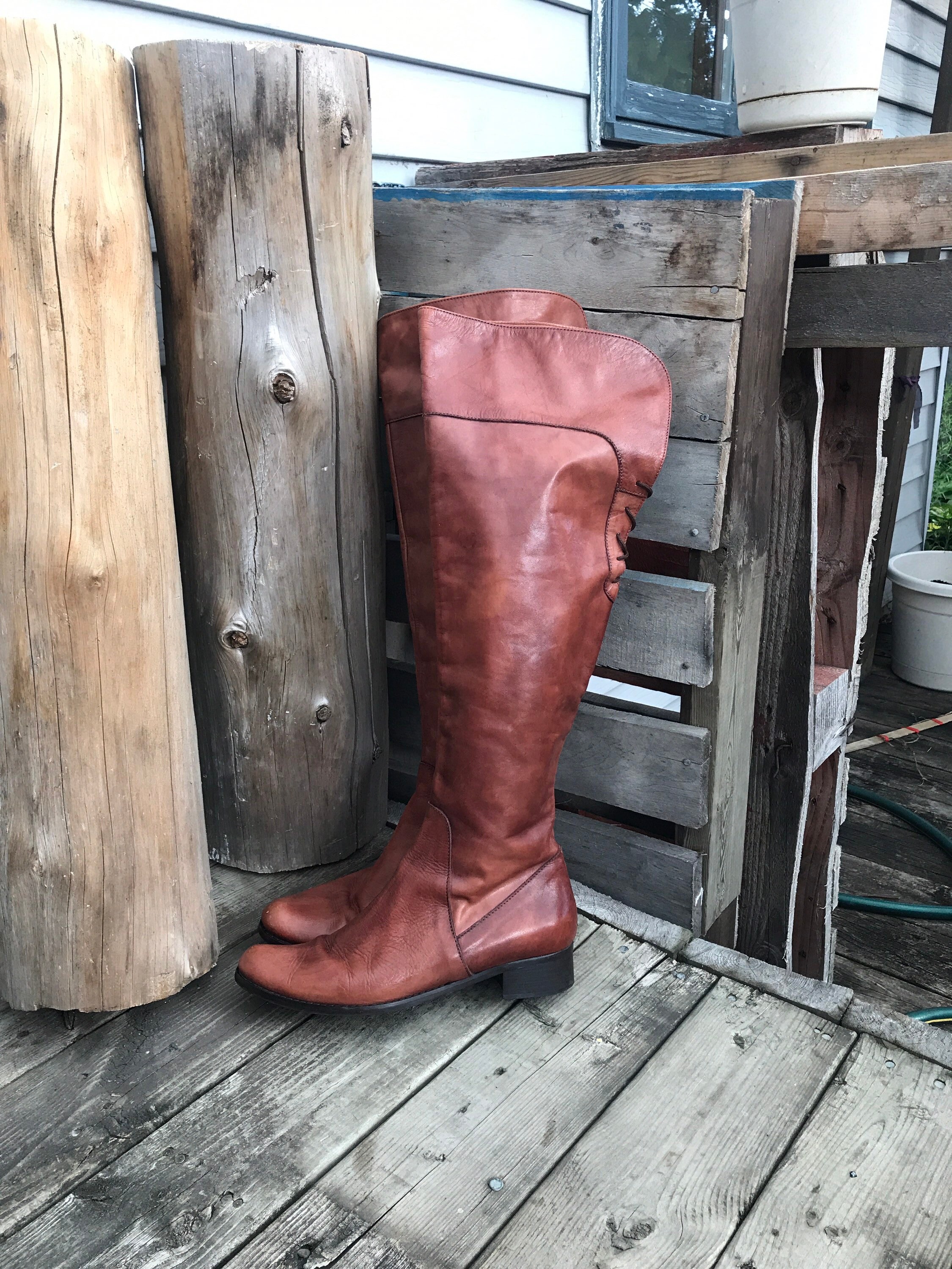 Vintage flat boots thigh-high boots brown brown leather boot | Etsy