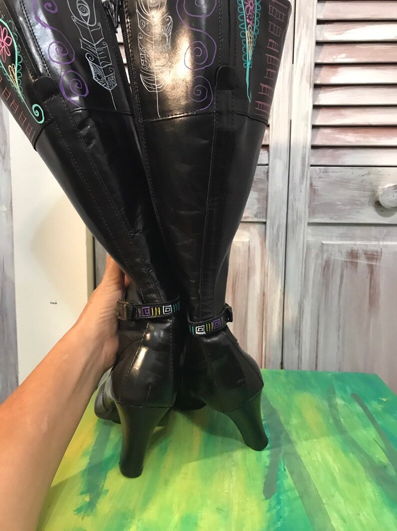 15 inches calf boot upcycled boot square end painted by hand size 37 black leather boot small heel