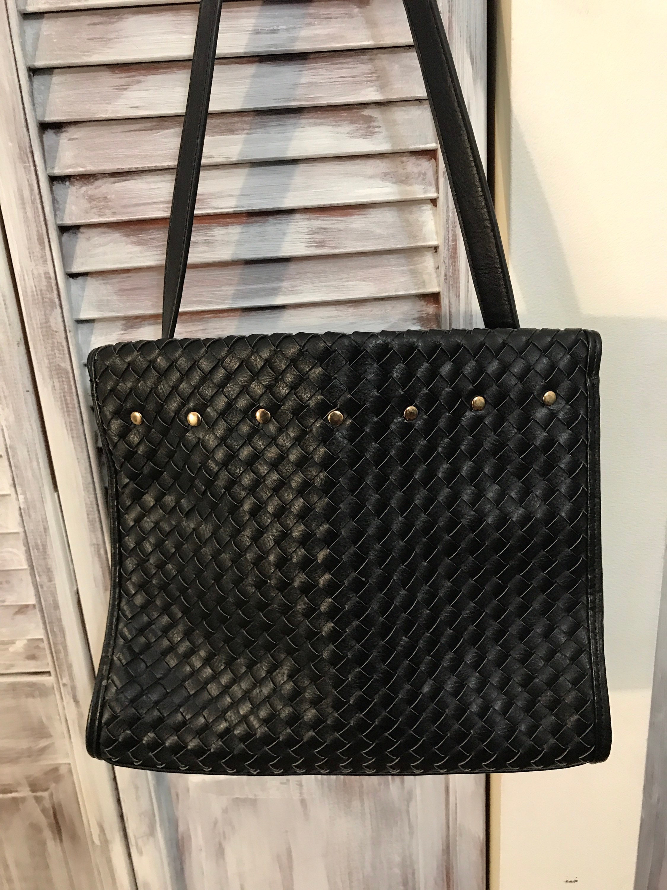 Vintage 80s handbag black woven handbag in synthetic leather Etsy