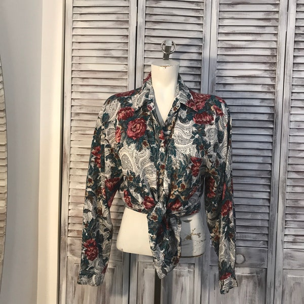 chemisier femme vintage blouse des années 80s -tissu paisleys noir et blanc avec rose Bourgogne - a imprimé rétro -grandeur large