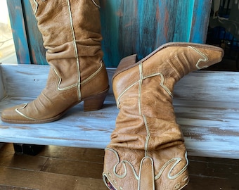 vintage women's beige leather cowboy boot size 7