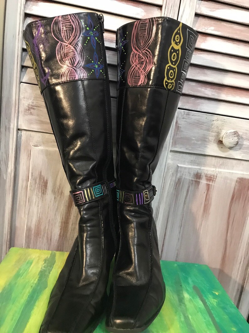 15 inches calf boot upcycled boot square end painted by hand size 37 black leather boot small heel