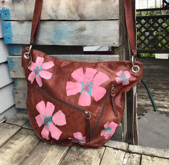Upcycled handbag brown leather satchel hand painted pink flower painting  gypsy purse boho bag upcycled handbag