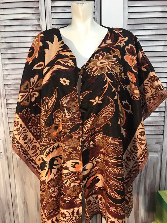 poncho vintage des années 70s tapisserie en brun … - image 3