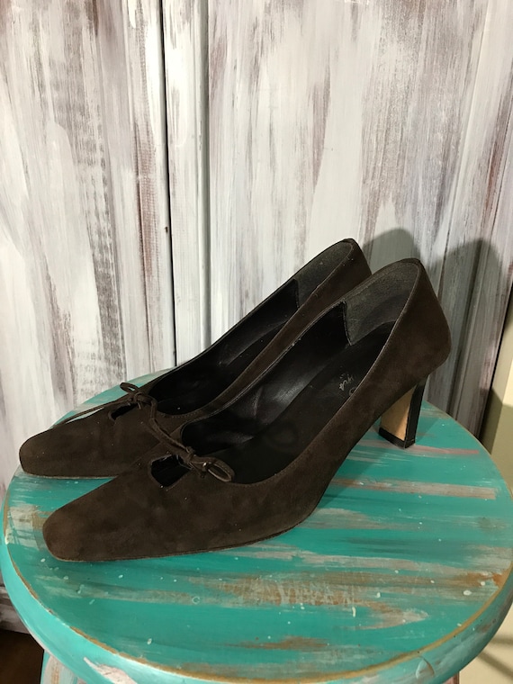 Women's shoe - vintage brown suede pumps - square… - image 1