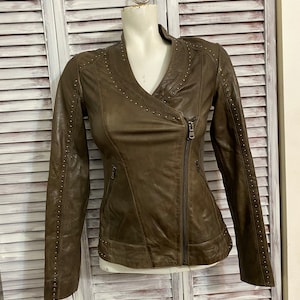 Veste en cuir marron femme - jacket  en cuir souple -veste cuir brun marron - grandeur xxsmall