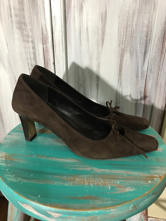 Women's shoe - vintage brown suede pumps - square… - image 6