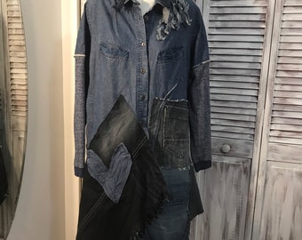 Jeans jacket Upcycled clothing, unique frock coat in recovered jeans - size large stretch jeans
