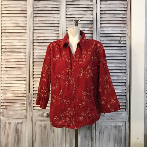 Blouse Vintage women's jacket - vintage plus size - pretty fabric embroidered with flowers - red color blouse size 18