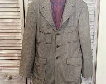 Giacca lunga in tweed grigia e nera da uomo vintage taglia S/M