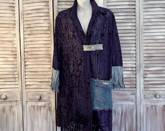 Light purple blue jacket upcycled funky velvet jacket on sheer with pockets mid-length jeans one size