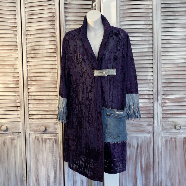 Light purple blue jacket upcycled funky velvet jacket on sheer with pockets mid-length jeans one size