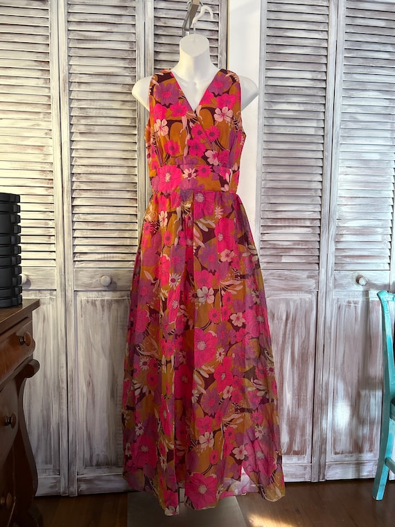 Robe longue fleurie rose vintage des années 70s - image 1