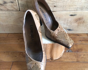 Vintage shoe - Loriblu pumps, vintage, square toe pump brown beige leaf pattern, shoe in very good condition, size 38 or 8