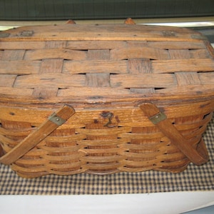 Vintage Picnic Basket hand made of Oak with swing handles and hinged lid