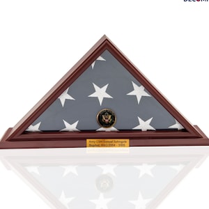 DECOMIL 5x9 American Veteran Burial Flag Display Case, Solid Wood, Cherry Finish, Small Base, Wall Mounted, Customized Name Plate, Army