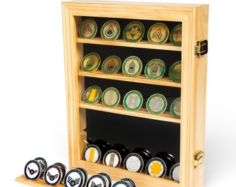 Lockable Military Challenge Coin Display Case, Oak Finish, Glass Door
