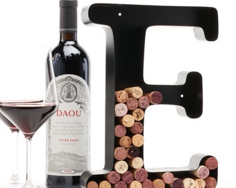 Letter E Wine Cork Holder, Black Metal Wall Decor