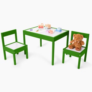 DECOMIL- Kids Wooden Table and Chairs, 3 Pieces Set Includes 2 Chairs and 1 Activity Table, Picnic Table with Chairs (Green)