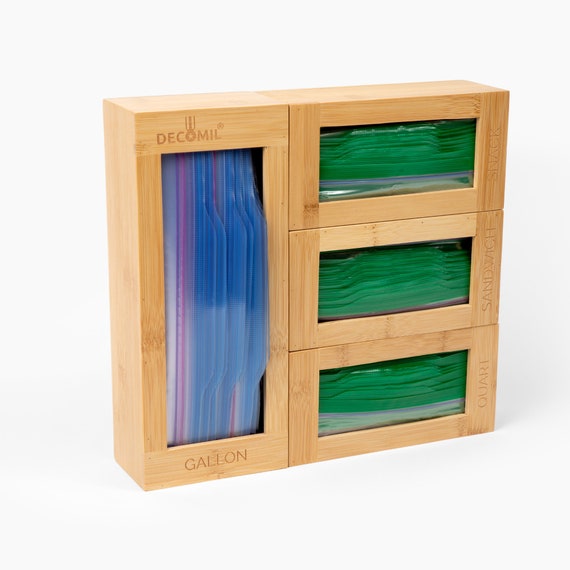 Bamboo Plastic Bag Organizer - Kitchen Drawer Baggie Dispenser