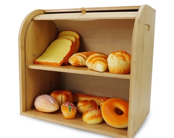 DECOMIL Bamboo Bread Box for Kitchen Countertop, Storage Box for Bakery Products, Roll Top, Small &  Compact - 2 Layer