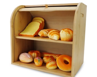 Bamboo Bread Box, Roll Top, 2-Tier Kitchen Storage