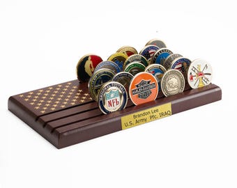 Challenge Coin Holder Display Stand, Solid Wood Military Coin Rack with Custom Name Plate, Army Navy Air Force Marine Veteran Gift