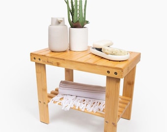 Bamboo Shower Bench, Shower Stool with Storage Shelf - Compact Design