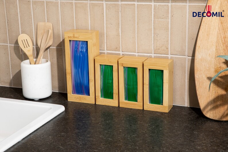 Bamboo Plastic Bag Organizer - Kitchen Drawer Baggie Dispenser image 6