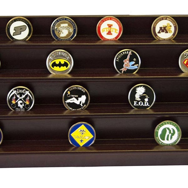 DECOMIL - 4 Rows Shelf Challenge Coin Holder Display Casino Chips Holder Cherry Finish