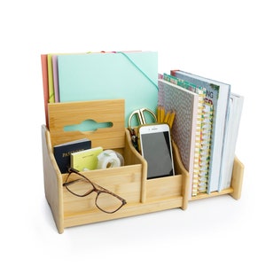 DECOMIL Bamboo Desk Organizer , Wood Desktop Shelf , Perfect Office Decor for Office Supplies Storage, Multifunction Desktop Organizer Shelf