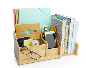 DECOMIL Organisateur de Bureau en Bambou, Étagère de Bureau en Bois, Décor de Bureau Parfait pour le Stockage de Fournitures de Bureau, Étagère Organisateur de Bureau Multifonction