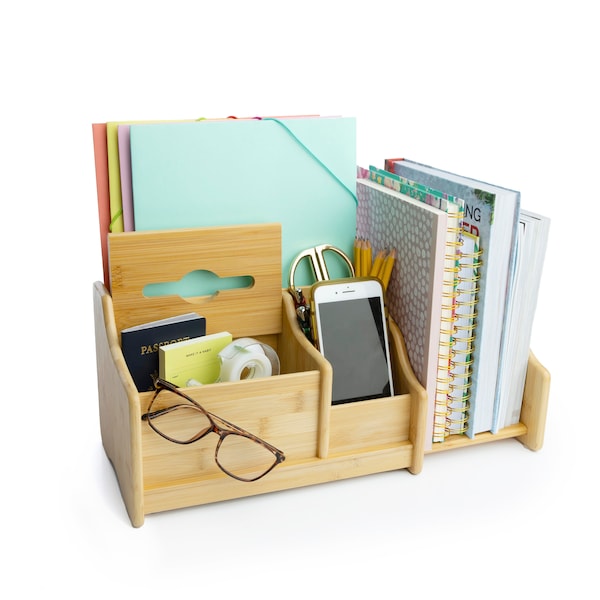 DECOMIL Bamboo Desk Organizer , Wood Desktop Shelf , Perfect Office Decor for Office Supplies Storage, Multifunction Desktop Organizer Shelf