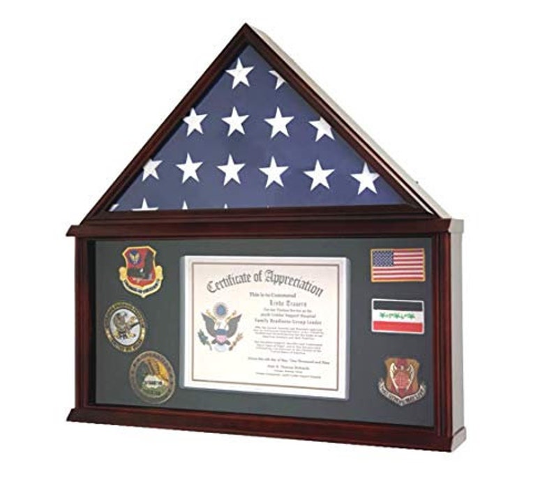 Solid Wood Cherry Large Military Shadow Box Frame Memorial Burial Funeral Flag Display Case for 5/' X 9.5/' Flag