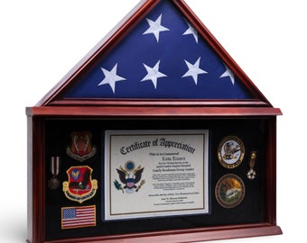 Large Military Shadow Box Frame Memorial Burial Funeral Flag Display Case for 5&#39; X 9.5&#39; Flag, Solid Wood (Cherry)