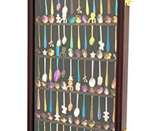 60 Spoon Rack Display Case Holder Wall Cabinet, UV Protection, Lockable (Cherry)