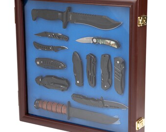 DECOMIL - Pocket Knife Display Case Cabinet Shadow Box, Glass Lockable Door, Cherry Finish