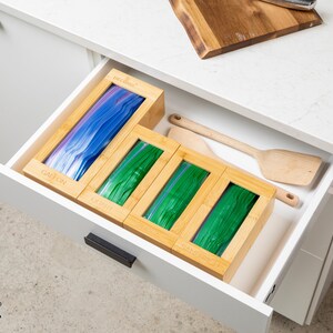 Bamboo Plastic Bag Organizer - Kitchen Drawer Baggie Dispenser image 5