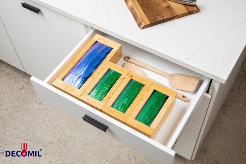 Bamboo Plastic Bag Organizer - Kitchen Drawer Baggie Dispenser image 5
