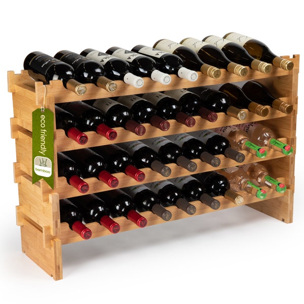 Stackable Bamboo Wine Rack, 36 Bottle Storage, Wobble-Free