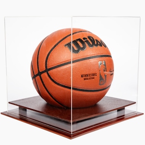 DECOMIL UV Protected Acrylic Basketball Display Stand - Soccer/Volley Ball Holder Case - Sports Memorabilia Display Case, Solid Wood